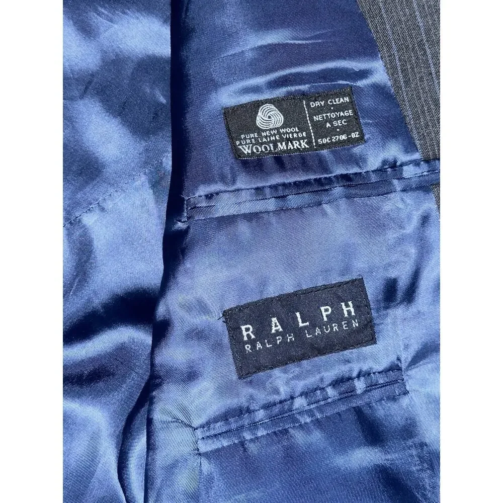 Ralph Lauren Charcoal Blue Pin Stripe Suit Jacket Men's 46 Virgin Wool 3 Button